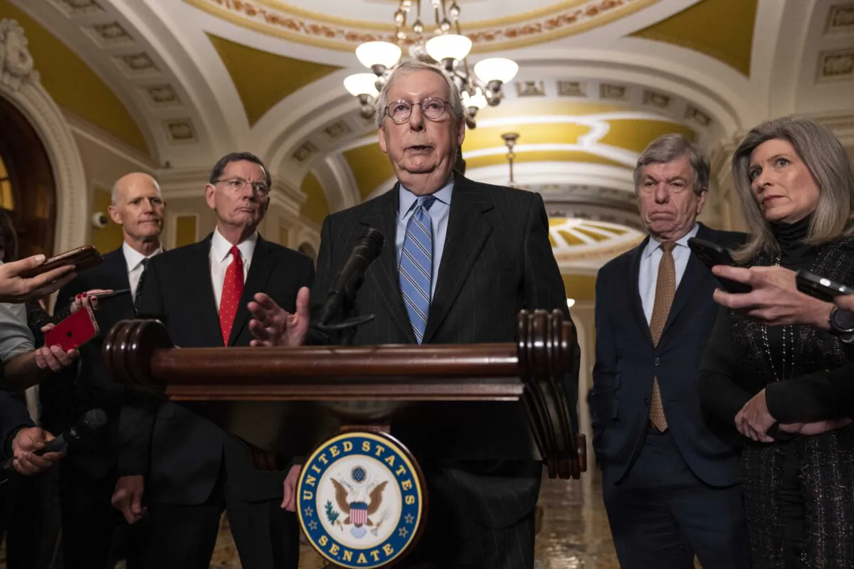 Senate Minority Leader Mitch McConnell (R-Ky.) speaks to reporters after meeting with Senate Republicans at the U.S. Capitol in Washington on Nov. 29, 2022. (Drew Angerer/Getty Images)