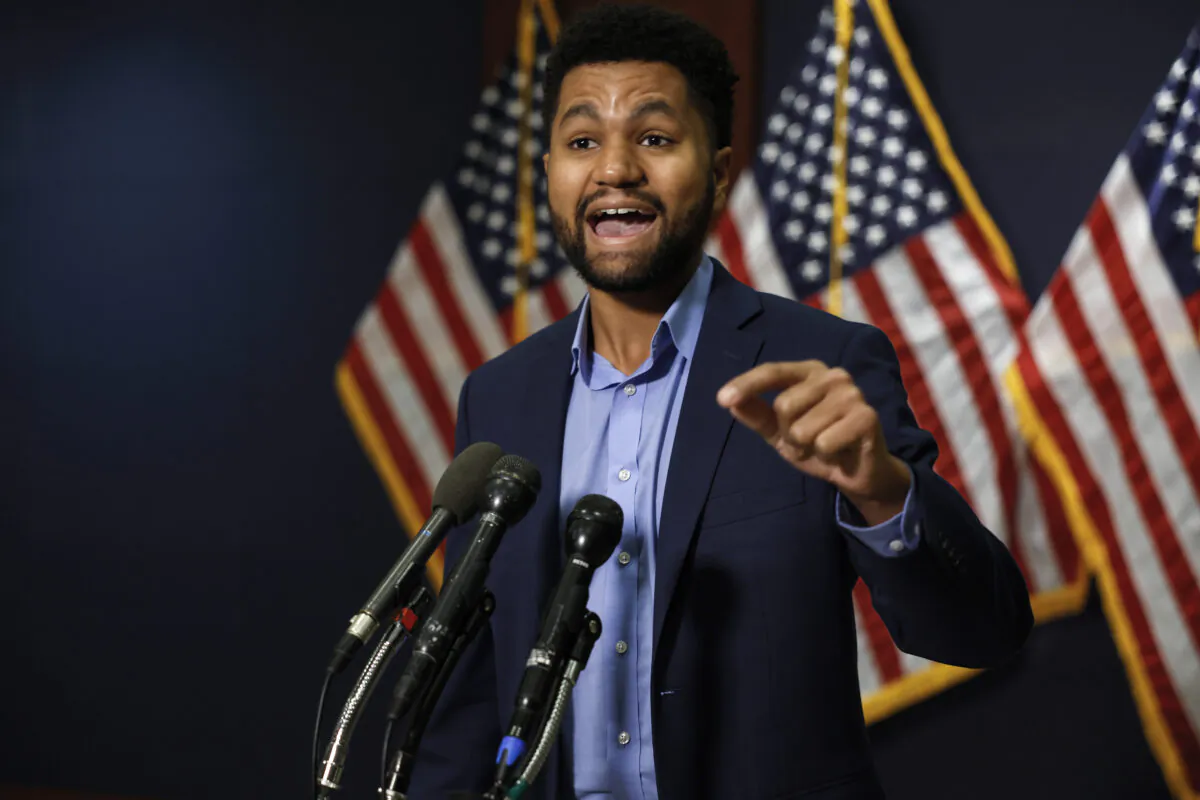 Rep.-Elect Maxwell Frost (D-Fla.) speaks with reporters during a break in an orientation meeting in the U.S. Capitol Building in Washington on Nov. 14, 2022. (Anna Moneymaker/Getty Images)