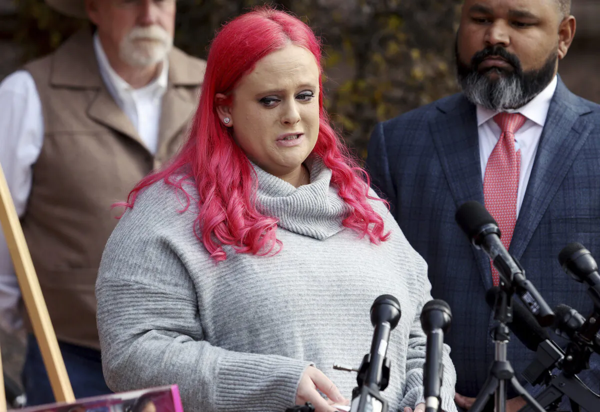 Maitlyn Gandy gives a statement about the death of her daughter, Athena Strand, 7, at the Wise County Courthouse in Decatur, Texas, on Dec. 8, 2022. (Amanda McCoy/Star-Telegram via AP)