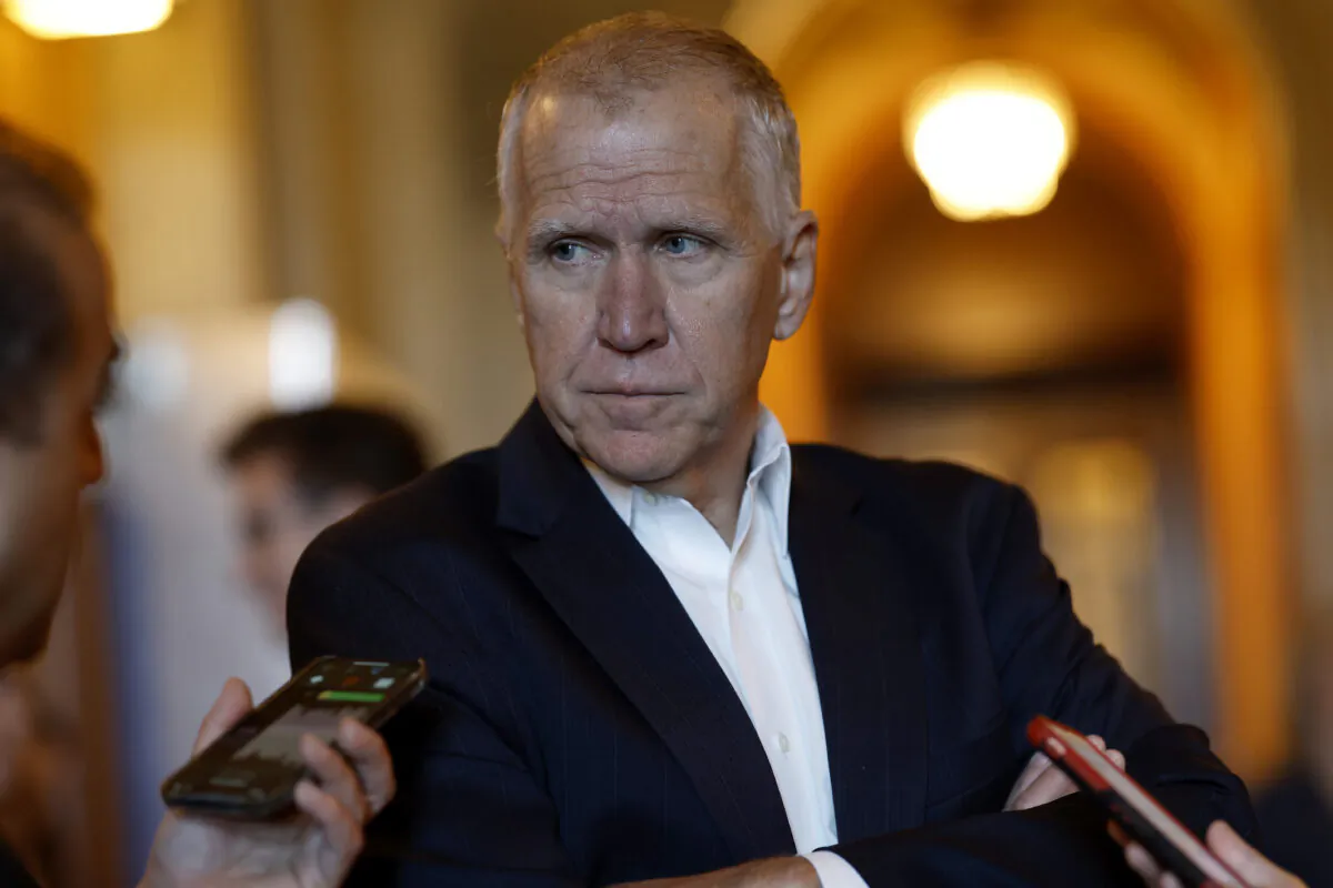 Sen. Thom Tillis (R-N.C.) speaks with reporters in Washington on Sept. 28, 2022. (Anna Moneymaker/Getty Images)