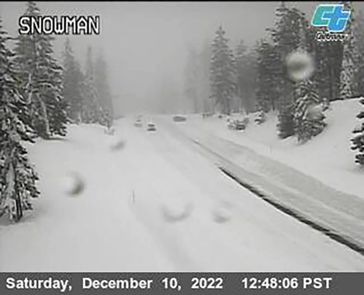 This image from a Caltrans traffic camera shows snow conditions on California SR-89 Snowman in Shasta-Trinity National Forest, Calif., on Dec. 10, 2022. (Caltrans via AP)