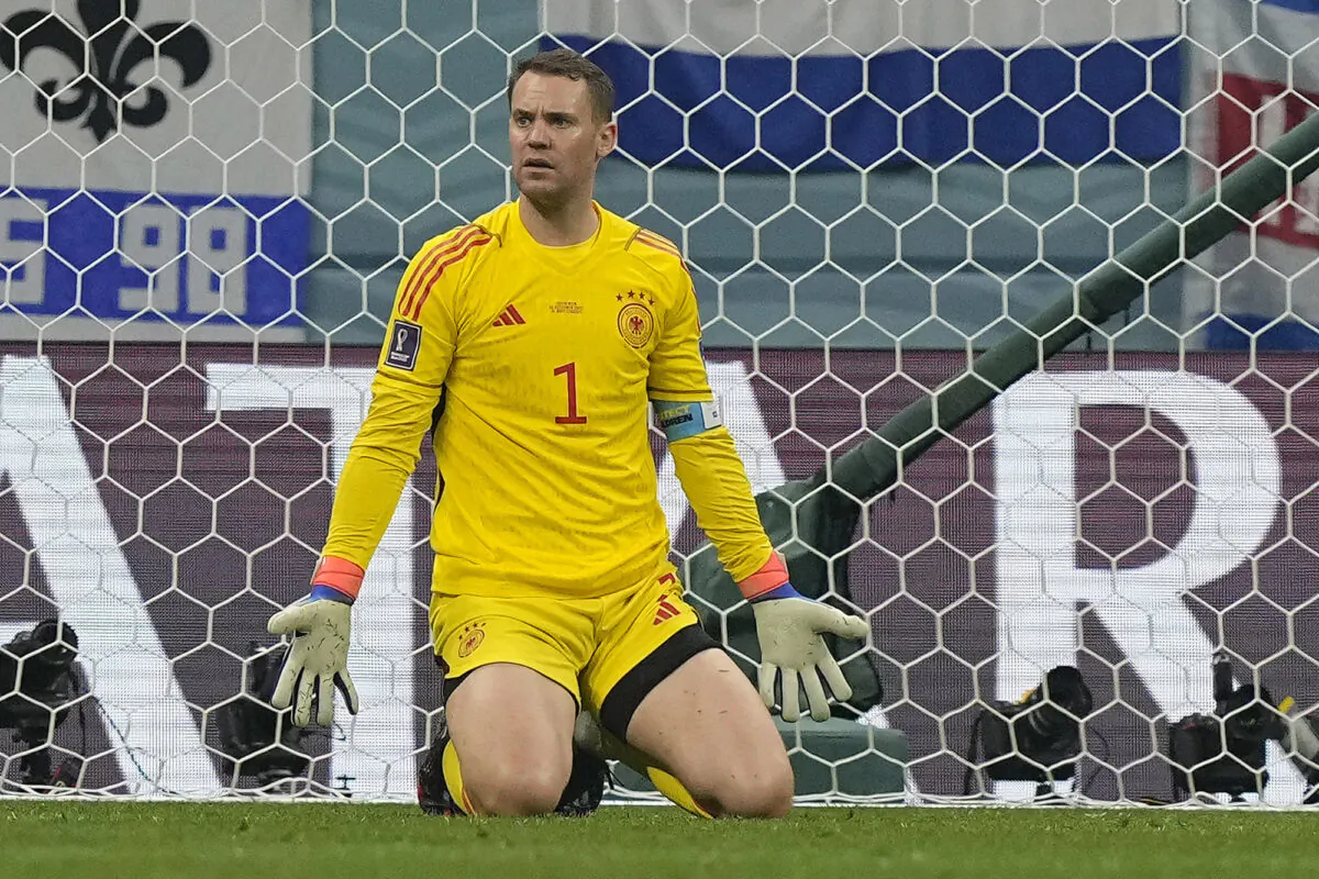 Germany's goalkeeper Manuel Neuer reacts after receiving a goal during the World Cup group E soccer match between Costa Rica and Germany at the Al Bayt Stadium in Al Khor, Qatar, on Dec. 1, 2022. (Martin Meissner/AP Photo)