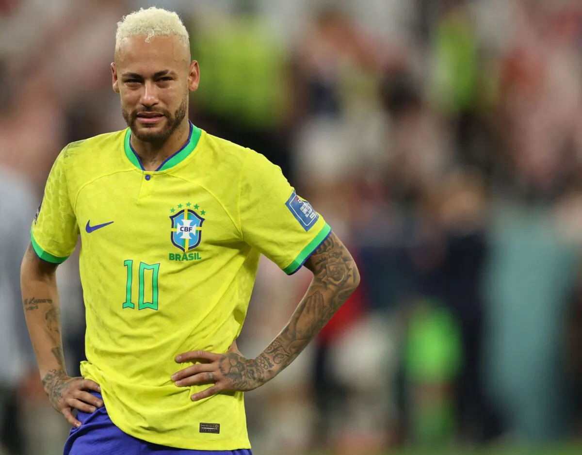 Brazil's forward #10 Neymar reacts after his team lost the Qatar 2022 World Cup quarter-final football match between Croatia and Brazil at Education City Stadium in Al-Rayyan, west of Doha, Qatar, on Dec. 9, 2022. (Adrian Dennis/AFP via Getty Images)