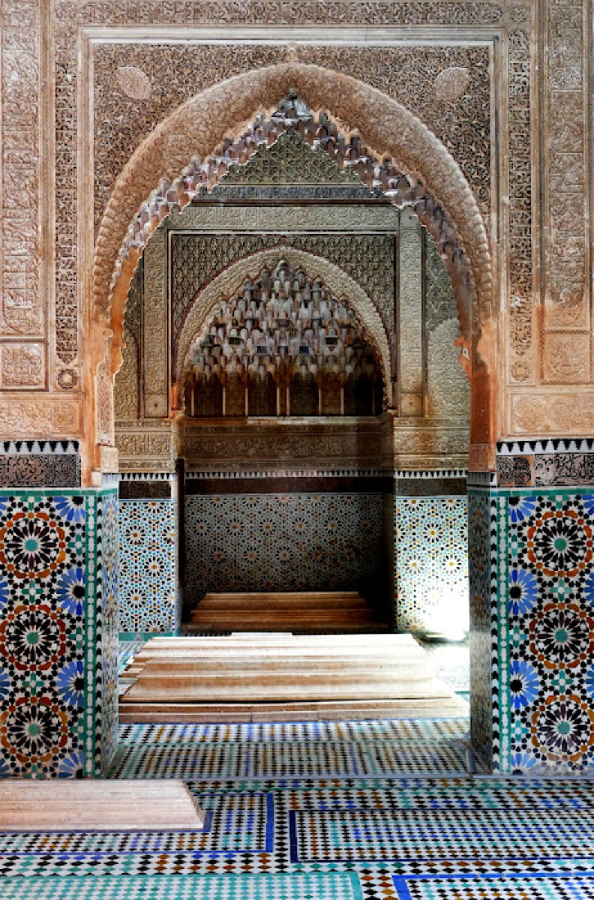 Moorish architecture from Andalusia and expert artisan craftsmanship are hallmarks of El Bahia Palace in Marrakech, Morocco.