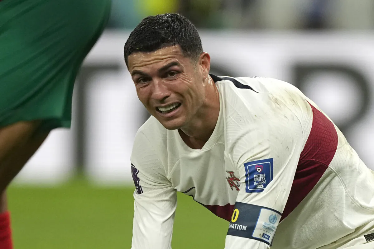 Portugal's Cristiano Ronaldo reacts after missing an opportunity to score during the World Cup quarterfinal soccer match between Morocco and Portugal, at Al Thumama Stadium in Doha, Qatar, on Dec. 10, 2022. (Martin Meissner/AP Photo)
