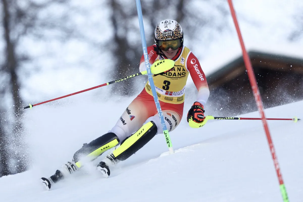 Switzerland's Wendy Holdener speeds down the course during the first run of an alpine ski, women's World Cup slalom, in Sestriere, Italy, on Dec. 11, 2022. (Gabriele Facciotti/AP Photo)