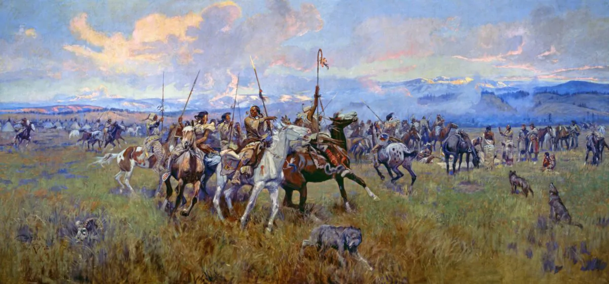"Lewis and Clark Meeting the Flathead Indians at Ross Hole," 1912, by Charles M. Russell. Oil on canvas; 14.2 feet by 29.5 feet. (Reproduced by permission of the Montana Historical Society)
