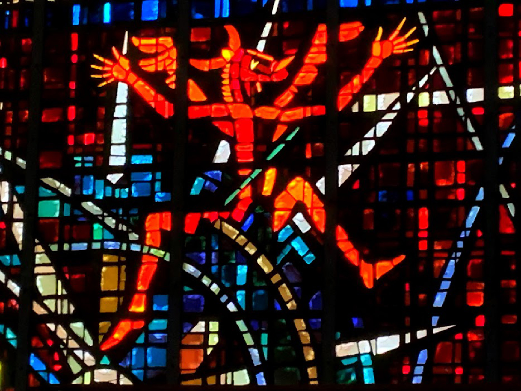 Stained-glass windows designed by Gabriel Loire tell stories from the Bible at Notre Dame de Lourdes Catholic Church in Casablanca, Morocco.