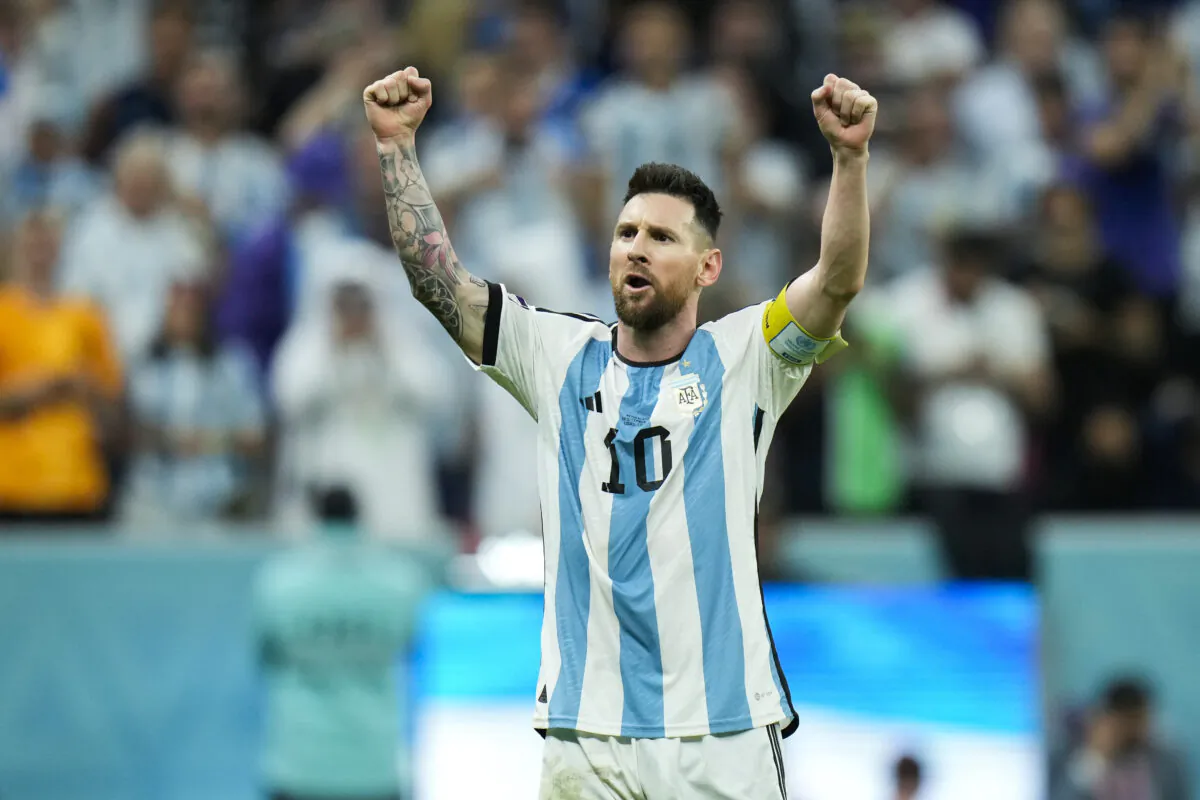 Argentina's Lionel Messi celebrates after scoring Argentina's second goal during the World Cup quarterfinal soccer match between the Netherlands and Argentina, at the Lusail Stadium in Lusail, Qatar, on Dec. 9, 2022. (Francisco Seco/AP Photo)
