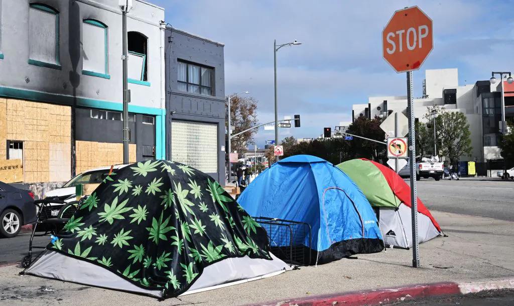 Tents for the homeless line a street corner in Los Angeles on Dec. 6, 2022. (Frederic J. Brown/AFP via Getty Images)