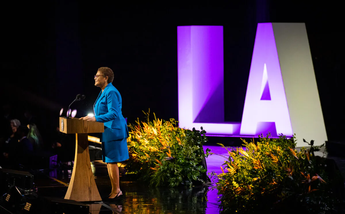 Karen Bass speaks at her mayoral inauguration ceremony at the Microsoft Theatre in Los Angeles on Dec. 11, 2022. (John Fredricks/The Epoch Times)