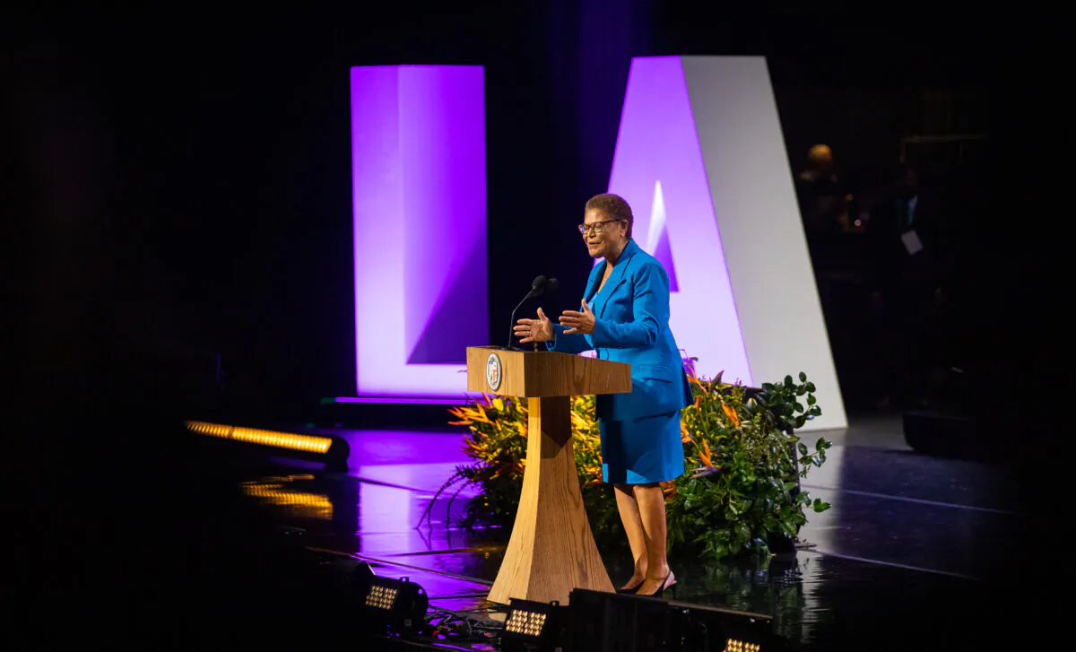Karen Bass speaks at her mayoral inauguration ceremony at the Microsoft Theatre in Los Angeles on Dec. 11, 2022. (John Fredricks/The Epoch Times)