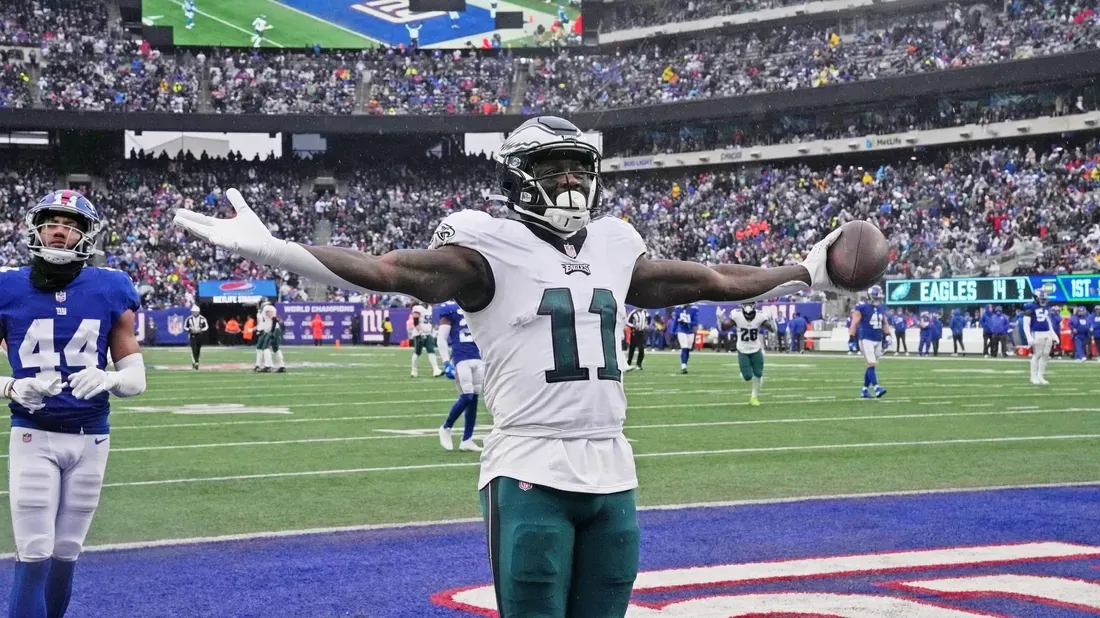 Philadelphia Eagles wide receiver A.J. Brown (11) reacts after scoring a touchdown against the New York Giants during the game at MetLife Stadium in East Rutherford, N.J., on Dec 11, 2022. (Chris Pedota/USA TODAY Sports via Field level Media)