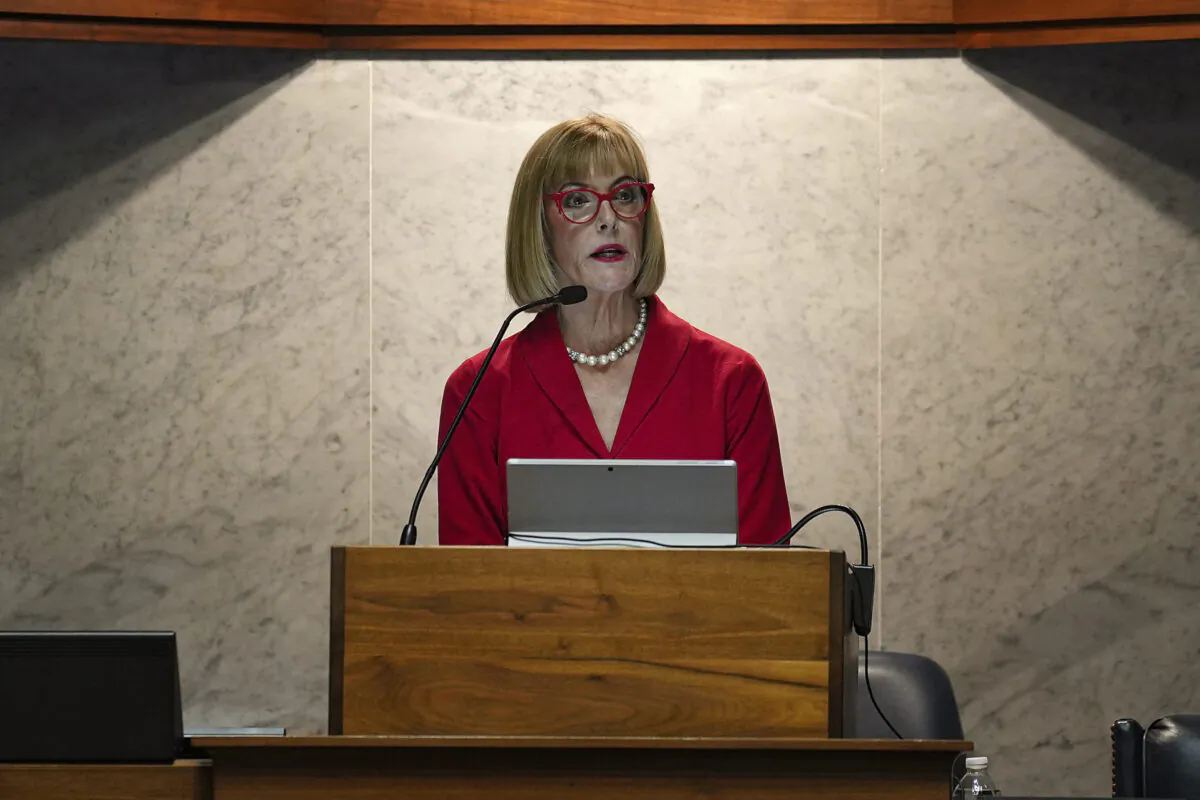 Indiana Lt. Gov Suzanne Crouch leads the Indiana Senate in a ceremonial start to the upcoming legislative session at the Statehouse in Indianapolis on Nov. 22, 2022. (Jenna Watson/The Indianapolis Star via AP)