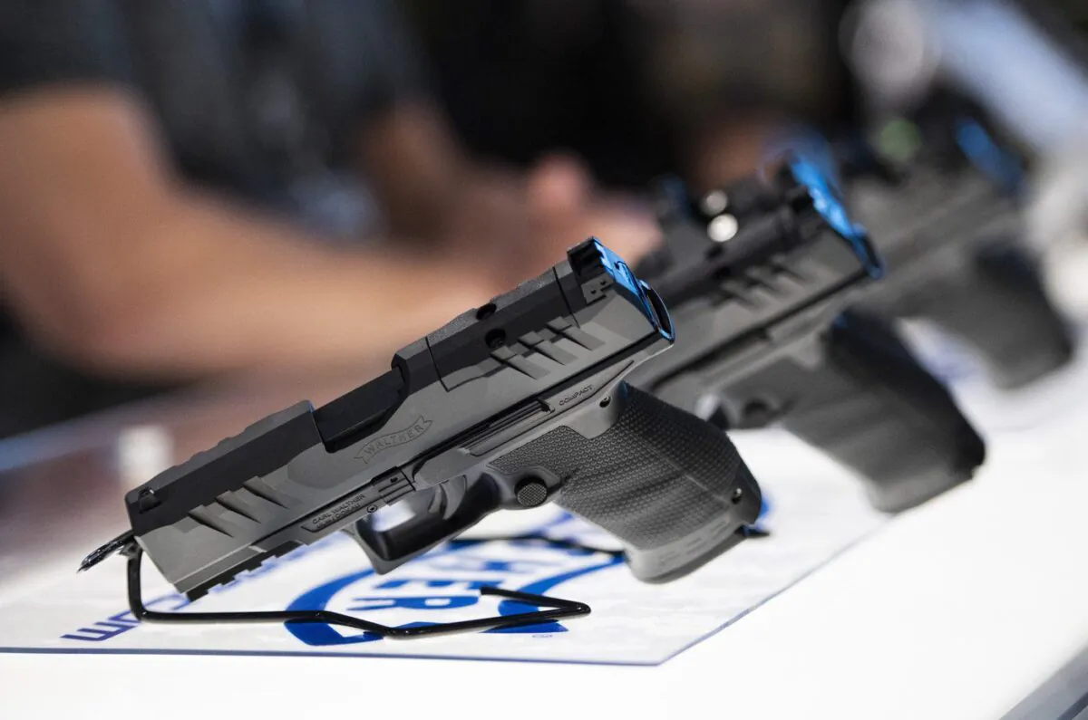 A Walther PDP pistol is seen at the booth of an exhibitor that provides weapons to government, military and law enforcement clients, at the CANSEC trade show in Ottawa, on June 1, 2022. (The Canadian Press/Justin Tang)
