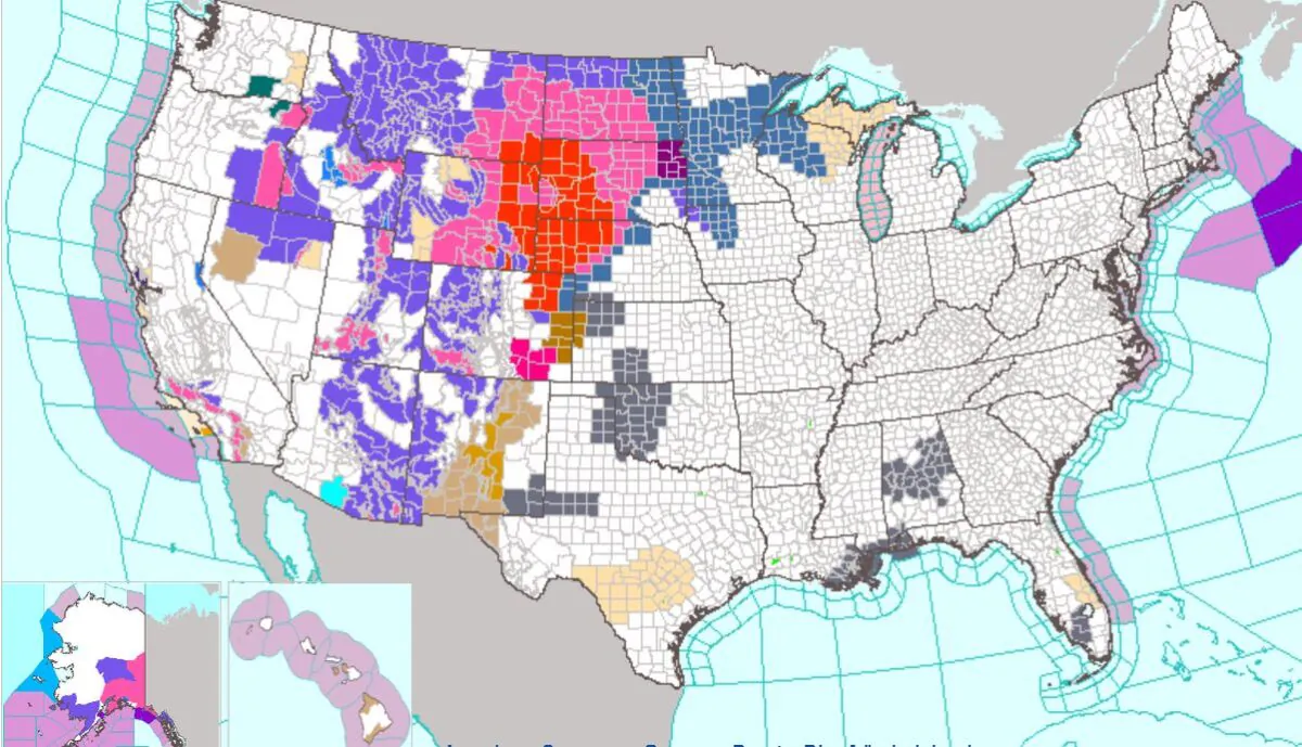 Blizzard and winter storm warnings were issued in numerous counties in several states as a large winter storm continues eastward across the United States on Monday. (National Weather Service)
