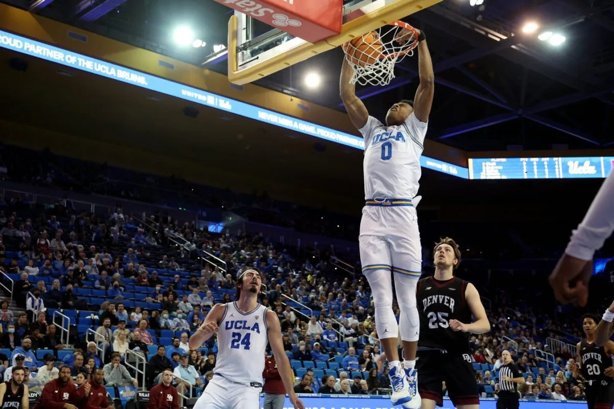 UCLA Bruins guard Jaylen Clark (0) dunks the ball during the first half against the Denver Pioneers at Pauley Pavilion in Los Angeles, on Dec. 10, 2022. (Kiyoshi Mio/USA TODAY Sports via Field Level Media)