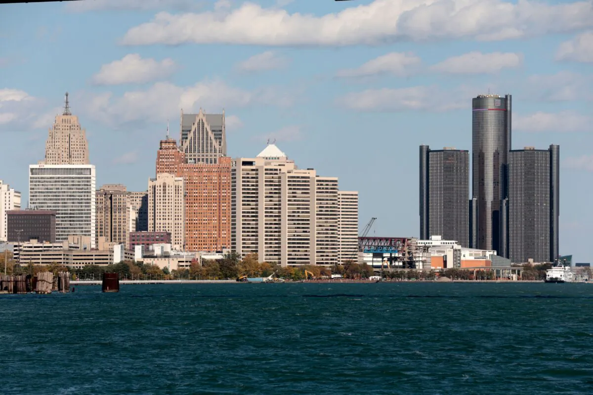 The Detroit skyline seen from Riverside Park in Detroit, Mich., on Oct. 23, 2019. (Jeff Kowalski/AFP via Getty Images)