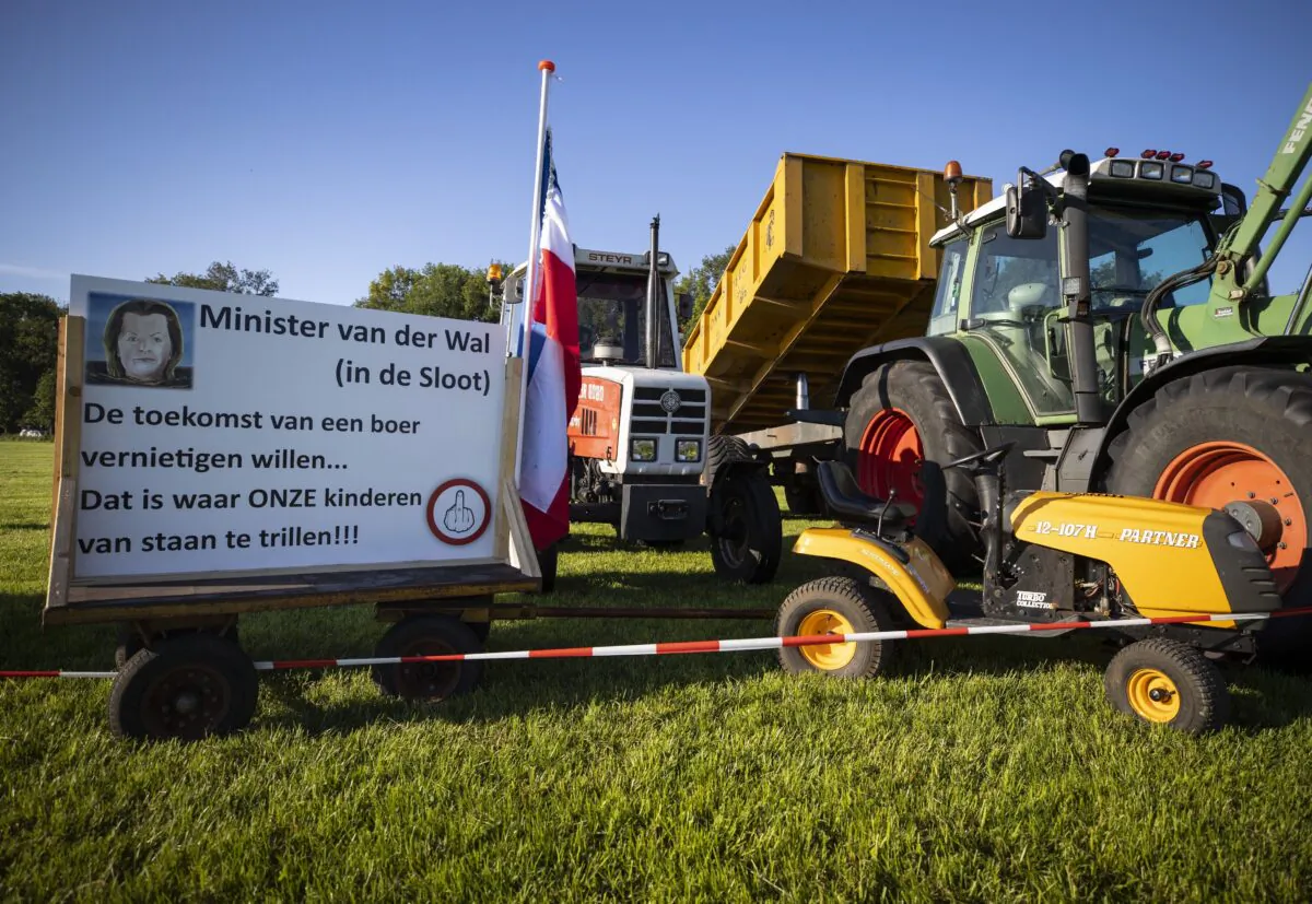 A banner against the Minister Van Der Wal during a demonstration in Stroe, Netherlands, on June 22, 2022. (Bart Maat/ANP/AFP via Getty Images)