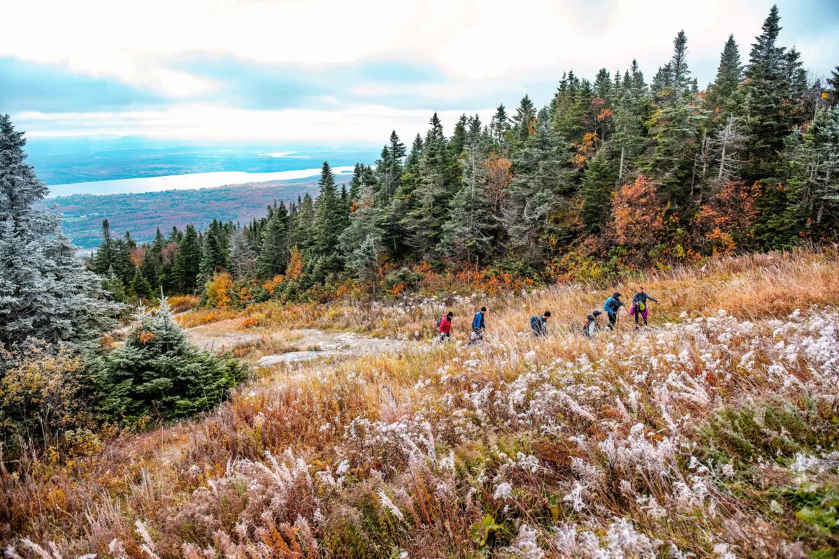Hikers climb Mont-Orford in the Mont-Orford National Park near Orford, Quebec, on Oct. 8, 2022. (Sebastien St-Jean/AFP via Getty Images)