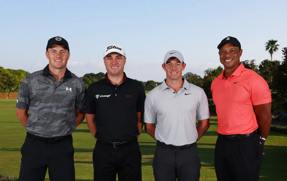 (L-R) Jordan Spieth of the United States, Justin Thomas of the United States, Rory McIlroy of Northern Ireland and Tiger Woods of the United States pose for a photo prior to The Match 7 at Pelican Golf Club in Belleair, Fla., on Dec. 10, 2022. (Mike Ehrmann/Getty Images for The Match)