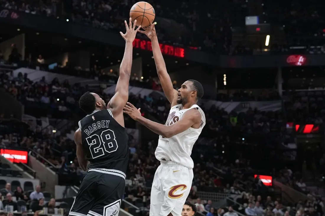 Cleveland Cavaliers forward Evan Mobley (4) shoots over San Antonio Spurs center Charles Bassey (28) in the second half at the AT&T Center in San Antonio on Dec 12, 2022. (Daniel Dunn-USA TODAY Sports via Field Level Media)