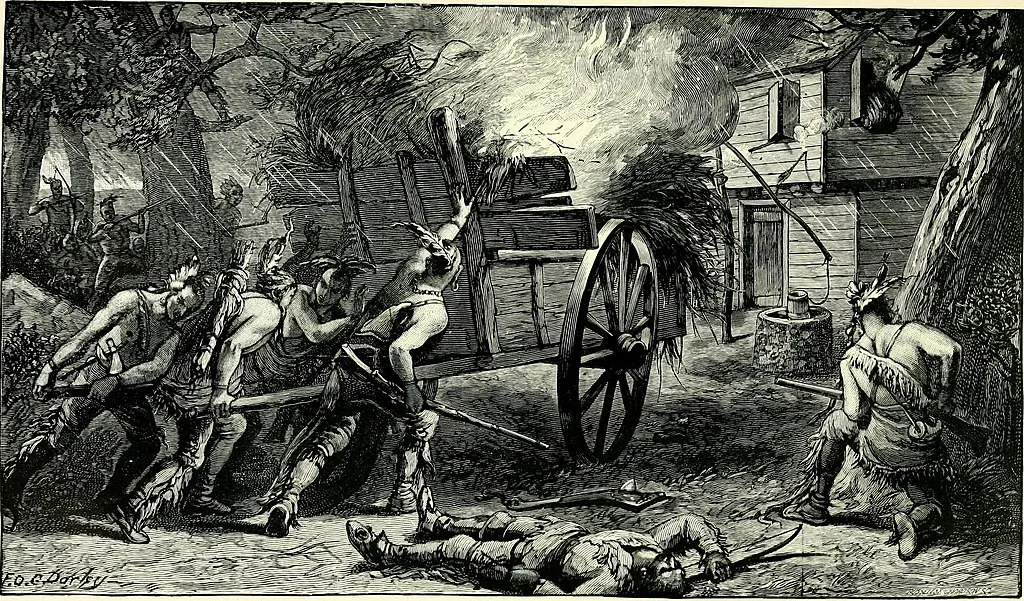 On August 4, 1675, King Philip’s War reached the Quaboag Plantation in central Massachusetts (now Brookfield), and the
settlers were attacked by Nipmuck tribes. An illustrated plate of the Indian Assault on Sergeant John Ayres’s Inn, from “Soldiers in King Philip’s War” by George Madison Bodge,
1906. (Public domain)