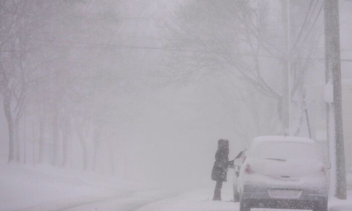 2018 年 3 月 8 日，风暴给哈利法克斯带来了白雪皑皑的天气，在这张档案照片中，一名妇女正在清理汽车上的积雪。（加拿大新闻社/Darren Calabrese）
