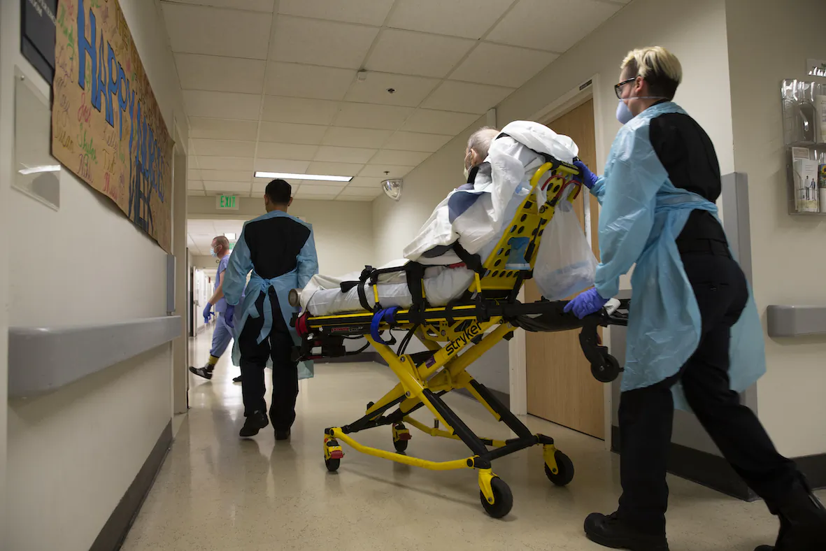 A patient is transferred at Harborview Medical Center in Seattle, Wash., on May 6, 2020. (Karen Ducey/Getty Images)