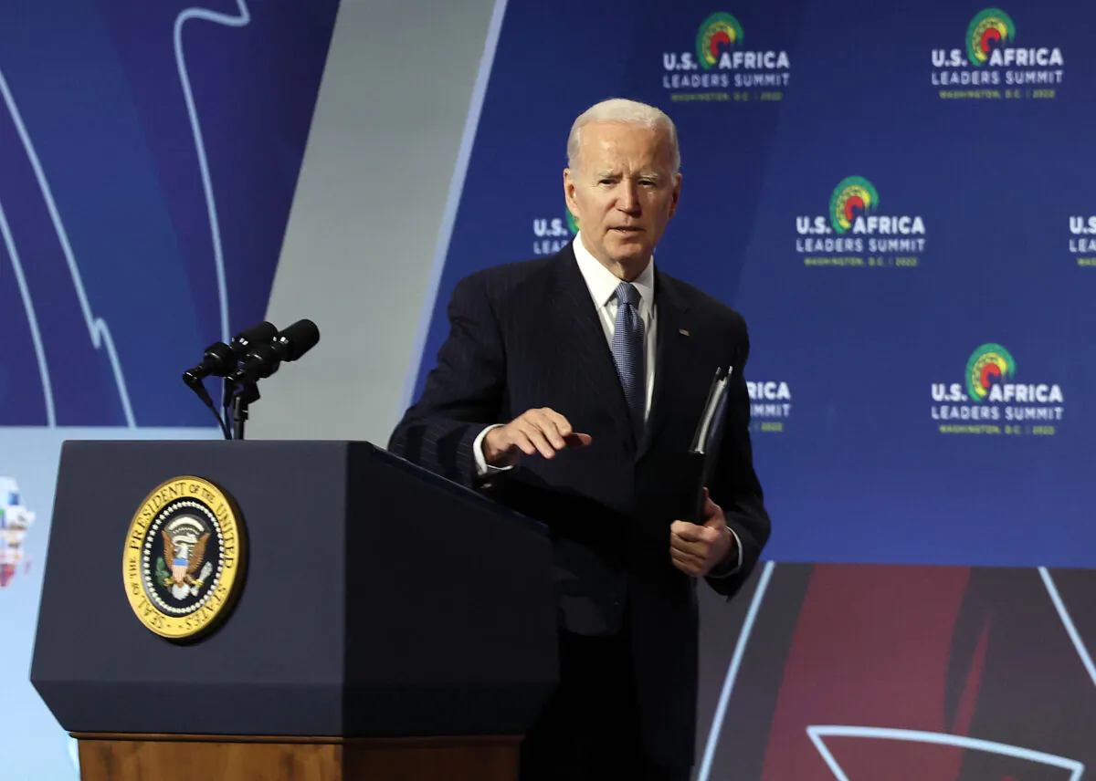 President Joe Biden delivers remarks at the U.S.–Africa Business Summit in Washington on Dec. 14, 2022. (Kevin Dietsch/Getty Images)