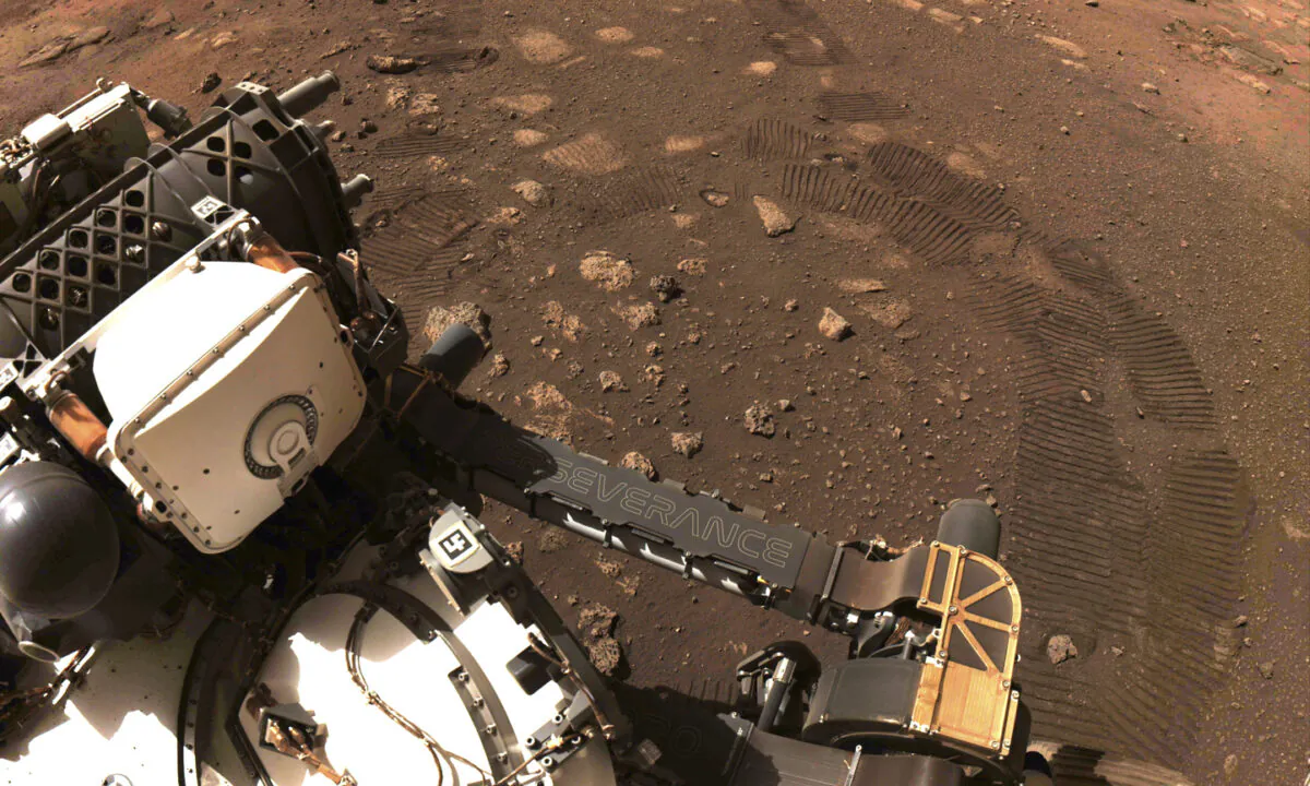 The first drive of the Perseverance rover on Mars on March 4, 2021. (NASA/JPL-Caltech via AP)
