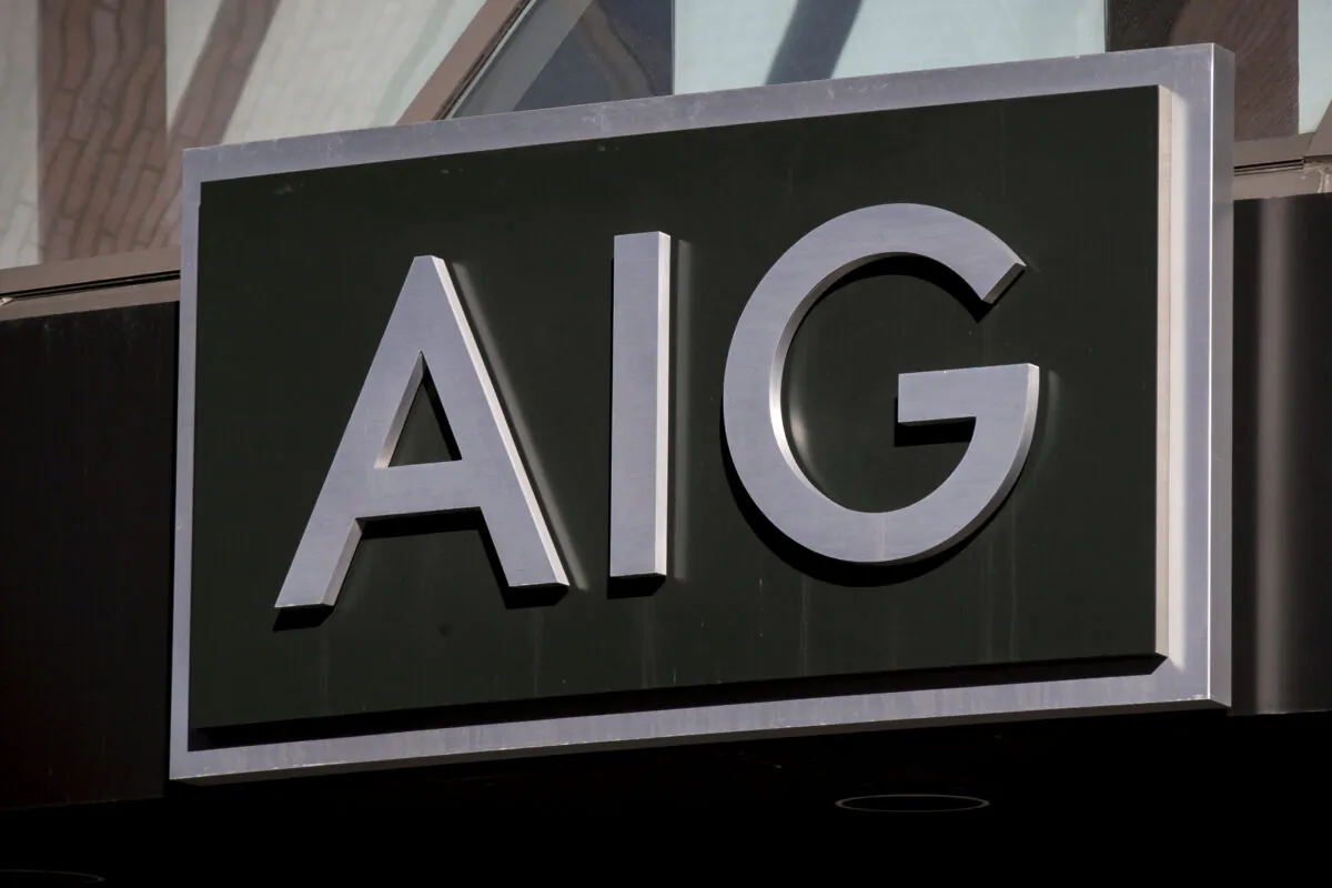 The AIG logo at its building in New York's financial district on March 19, 2015. (Brendan McDermid/Reuters)