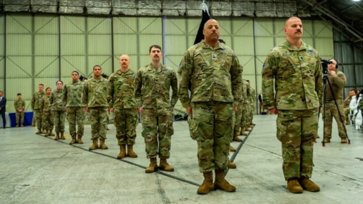 Members of the newly activated U.S. Space Forces Korea (USSFK) stand in formation during the unit’s activation ceremony at Osan Air Base, Republic of Korea, on Dec. 14, 2022. (Courtesy of Staff Sgt. Skyler Combs via U.S. Space Forces Korea)