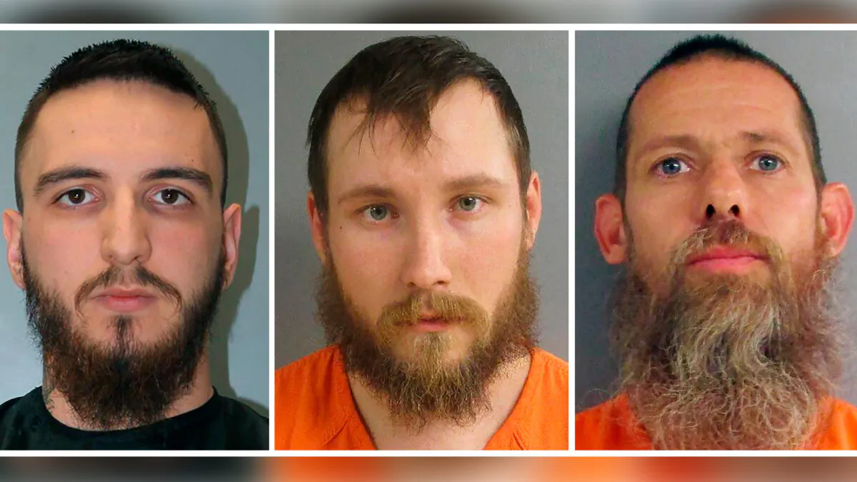 (L–R) Paul Bellar, Joseph Morrison, and Pete Musico are shown in undated booking photos. (Alvin S. Glenn Detention Center and Jackson County Sheriff's Office via AP)