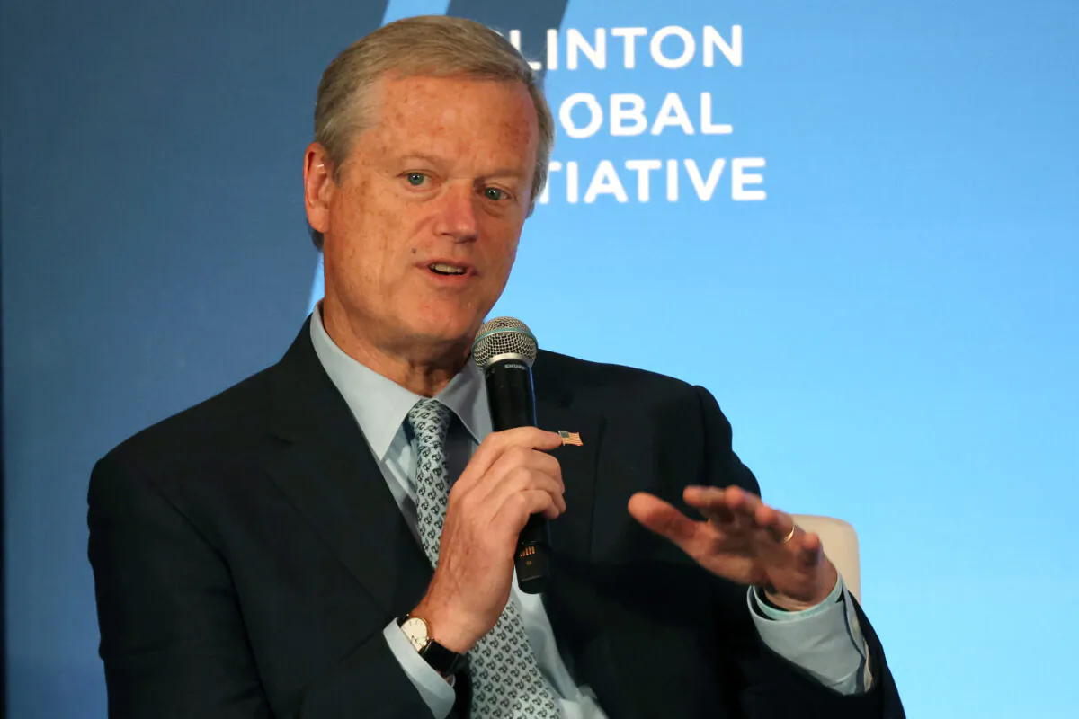 Massachusetts Governor Charlie Baker speaks at a forum during the opening of the Clinton Global Initiative (CGI), a meeting of international leaders that looks to help solve global problems, in New York on Sept. 19, 2022. (Spencer Platt/Getty Images)