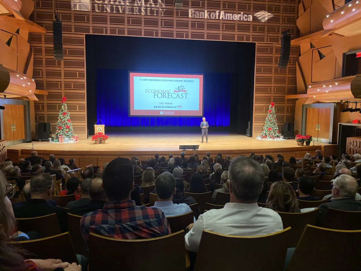 Jim Doti presents Chapman University's economic forecast in Orange, Calif., on Dec. 13, 2022. (Jill McLaughlin/The Epoch Times)