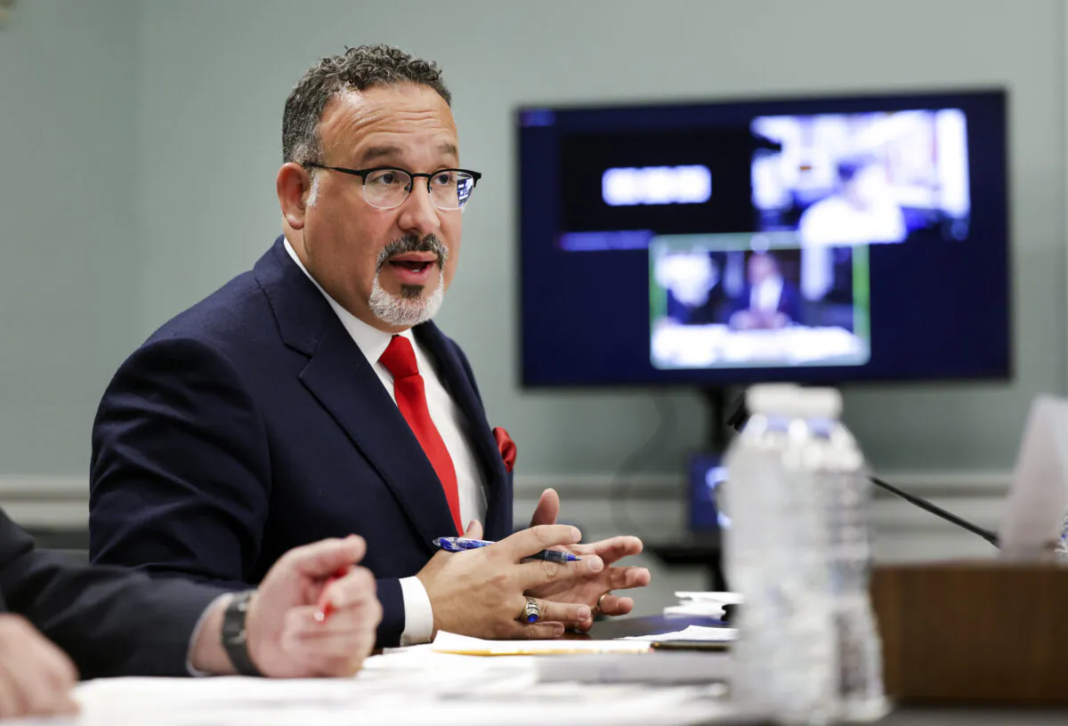 Education Secretary Miguel Cardona testifies before a House panel in Washington on April 28, 2022. (Kevin Dietsch/Getty Images)