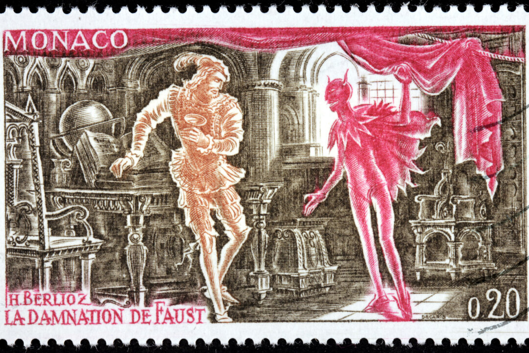 A stamp printed by MONACO shows scene from Hector Berlioz opera The Damnation of Faust (The opera is based on Faust by Johann Wolfgang von Goethe), circa 1969.