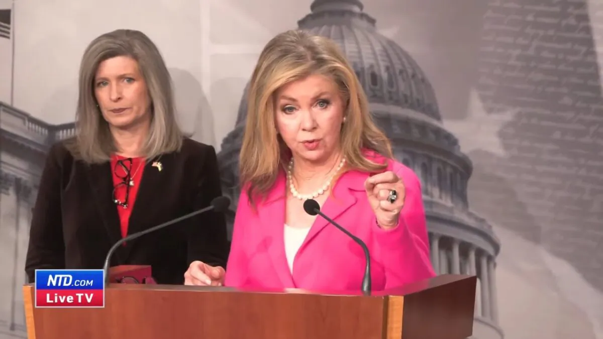 Sen. Marsha Blackburn (R-Tenn.) speaks at a press conference at the U.S. Capitol in Washington on Dec. 15, 2022, in a still from video released by NTD. (NTD)