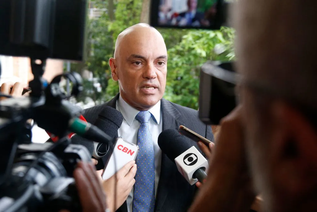Brazil's Supreme Federal Court Minister Alexandre de Moraes talks to the media after casting his vote for the legislative and presidential election, in Sao Paulo, Brazil, on Oct. 2, 2022. (Miguel Schincariol/AFP via Getty Images)