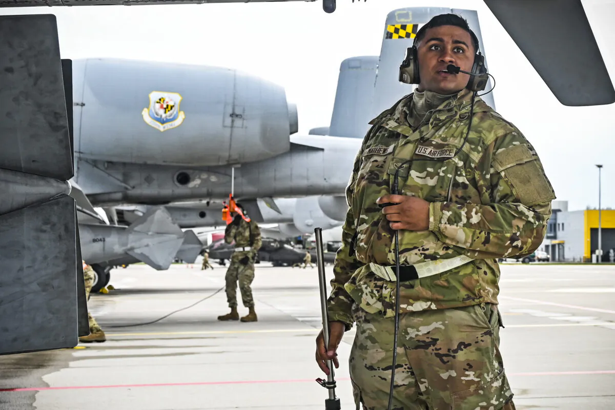 Airman First Class Peter R. Mathews while serving as a crew chief assigned to the 175th Aircraft Maintenance Squadron in Maryland in a photo provided on Jan. 13, 2020. (Maryland Air National Guard Public Affairs Office via AP)