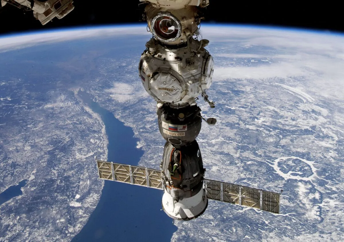 A Soyuz capsule of the International Space Station (ISS) during its fly in an undated photo.  (Sergei Korsakov, Roscosmos State Space Corporation via AP)