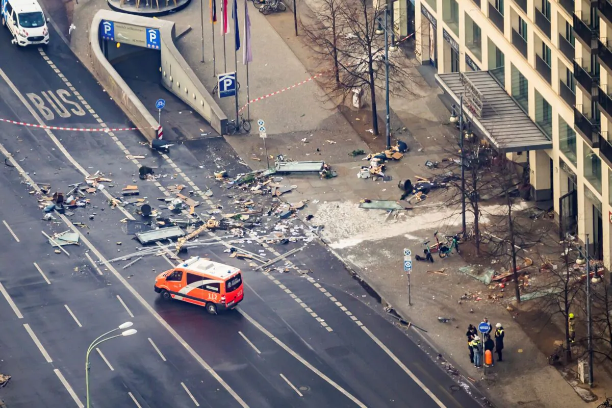 Debris lay in front of a hotel in Berlin, Germany, on Dec. 16, 2022. (Christoph Soeder/dpa via AP)