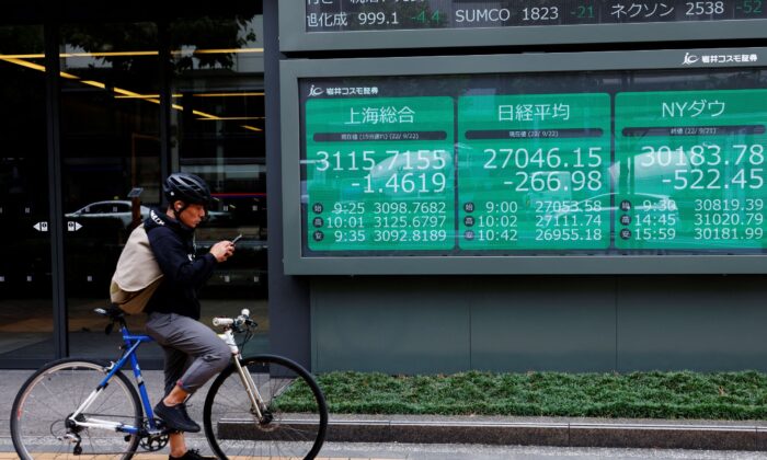 2022 年 9 月 22 日，日本东京一家经纪公司外，一名骑自行车的男子站在显示上海股票指数、日经股价指数和道琼斯工业平均指数的电子板前。（Kim Kyung-Hoon/路透社）