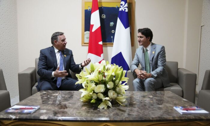 Prime Minister Justin Trudeau takes part in a bilateral meeting with Premier François Legault during the Francophonie Summit in Djerba, Tunisia, Nov. 19, 2022. (The Canadian Press/Sean Kilpatrick)
