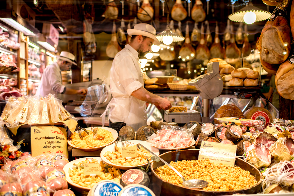 Bologna,,Italy,-,May,24,,2016:,Food,Store,Showcase,Full