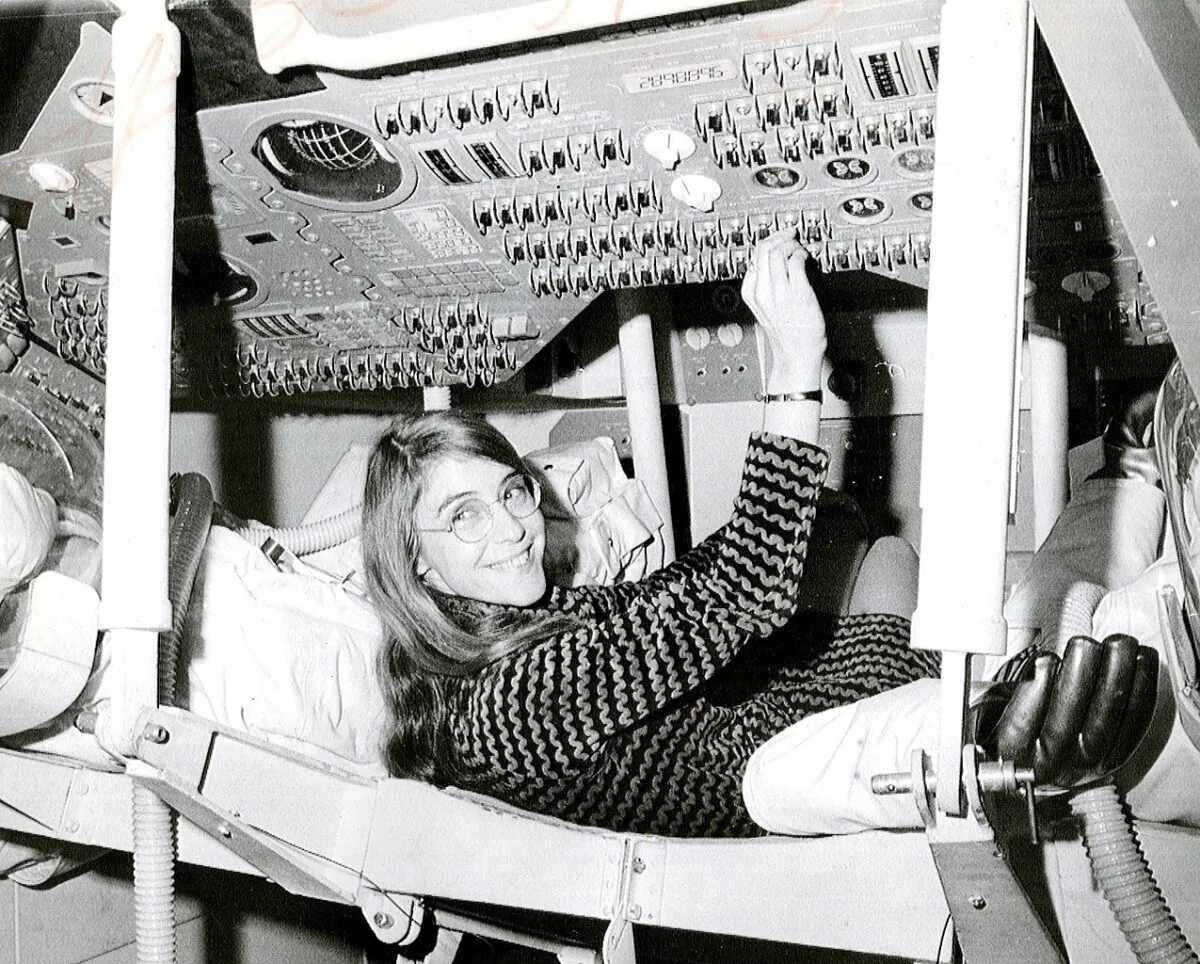 Margaret Hamilton, lead
Apollo flight software
engineer, in the Apollo
Command Module. (Public domain)