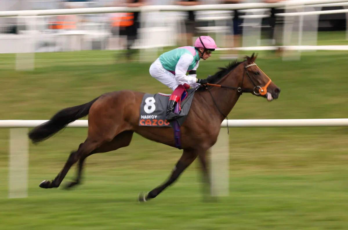 Frankie Dettori riding Haskoy before the start of Doncaster St Leger Day, at Doncaster Racecourse, in Doncaster, Britain, on Sept. 11, 2022. (John Clifton/Cazoo St Leger Stakes Action Images via Reuters)