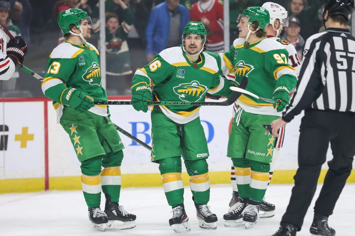 Minnesota Wild right wing Mats Zuccarello (36) celebrates his goal with teammates during the first period against the Chicago Blackhawks at Xcel Energy Center in Saint Paul, Minn., on Dec. 16, 2022. (Matt Krohn/USA TODAY Sports via Reuters) 