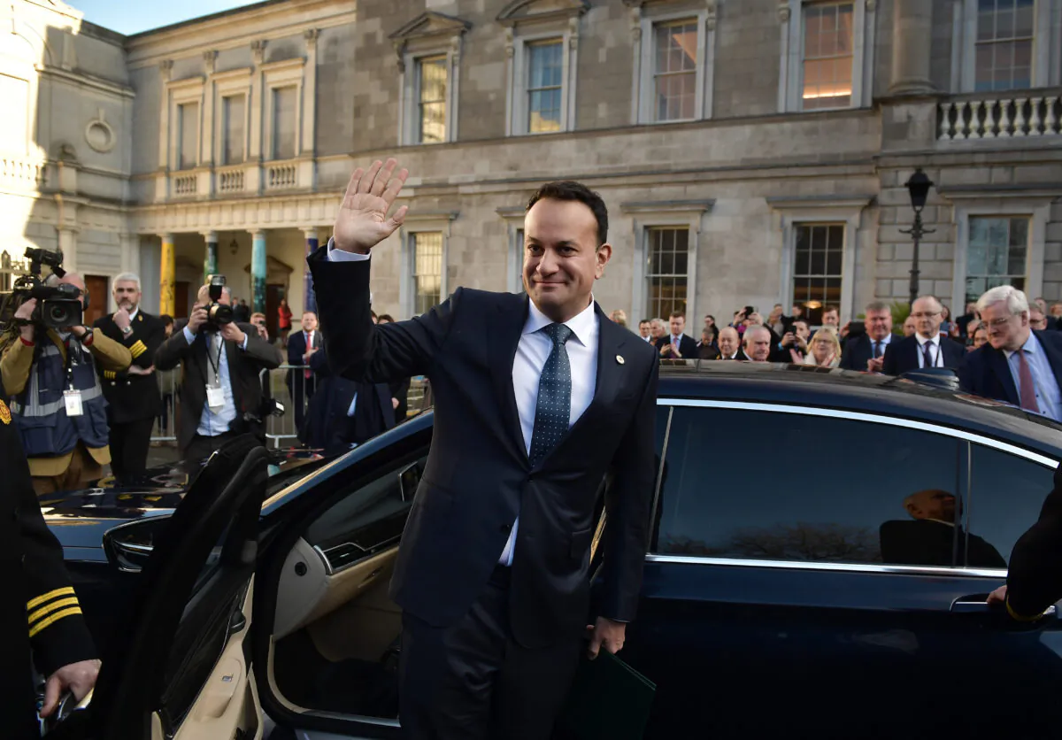 Fine Gael leader Leo Varadkar waves as he is congratulated by party members after being nominated as Taoiseach at Leinster House in Dublin, Ireland, on Dec. 17, 2022. (Charles McQuillan/Getty Images)